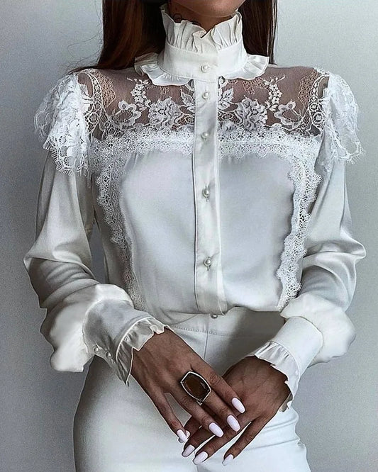 Elegant Lace-Trimmed White Lantern Sleeve Blouse