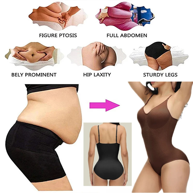 V-Neck Spaghetti Strap Slimming Bodysuit - Open Crotch Compression Shapewear