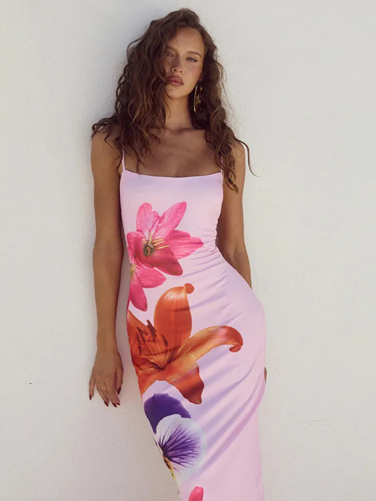 Elegant Floral Print Spaghetti Strap Bodycon Midi Dress