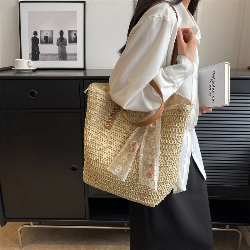 Eco-Chic Summer Woven Tote: Handcrafted Large Capacity Shoulder Bag for Women