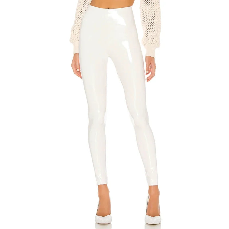 Glossy High-Waist Bodycon Pants – Shiny White PVC Stretch Leggings