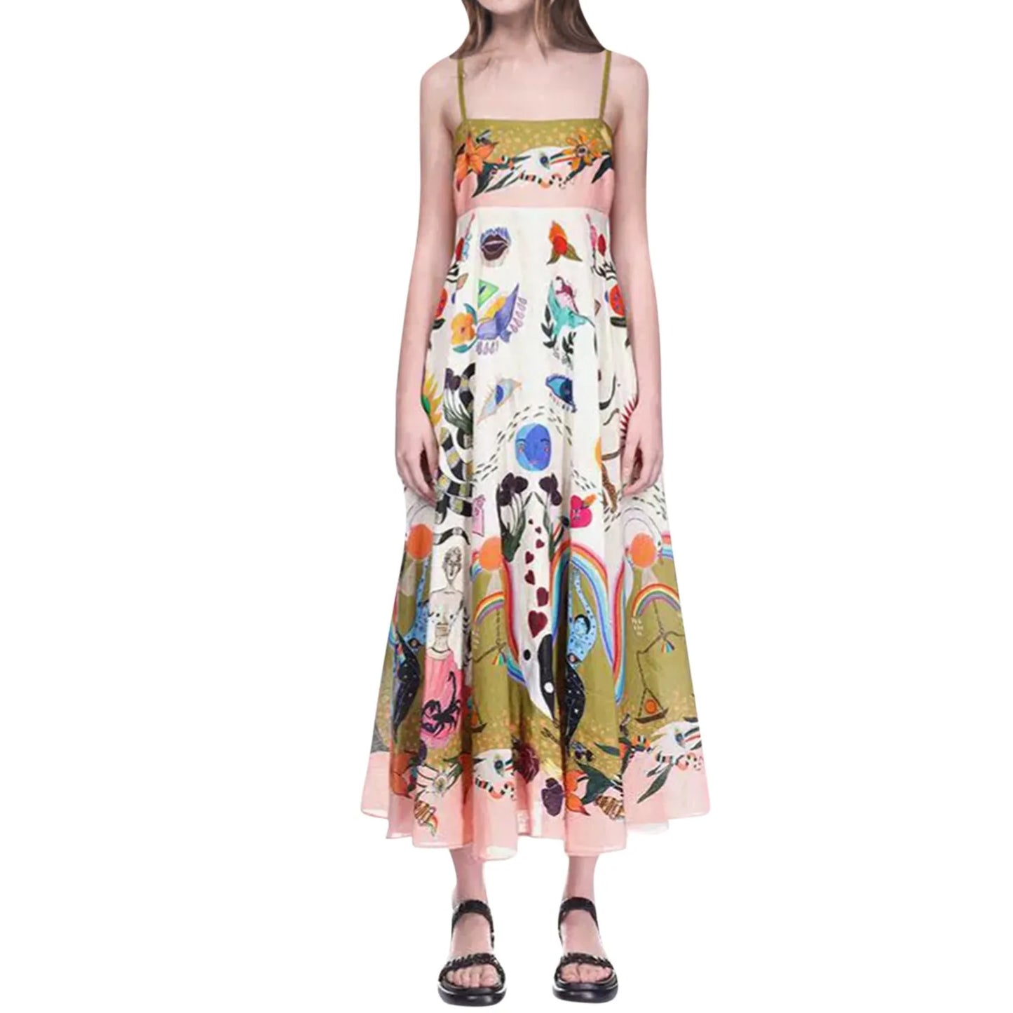 Sunny Days Colorful A-Line Sundress - Women's High Waist Backless Summer Dress