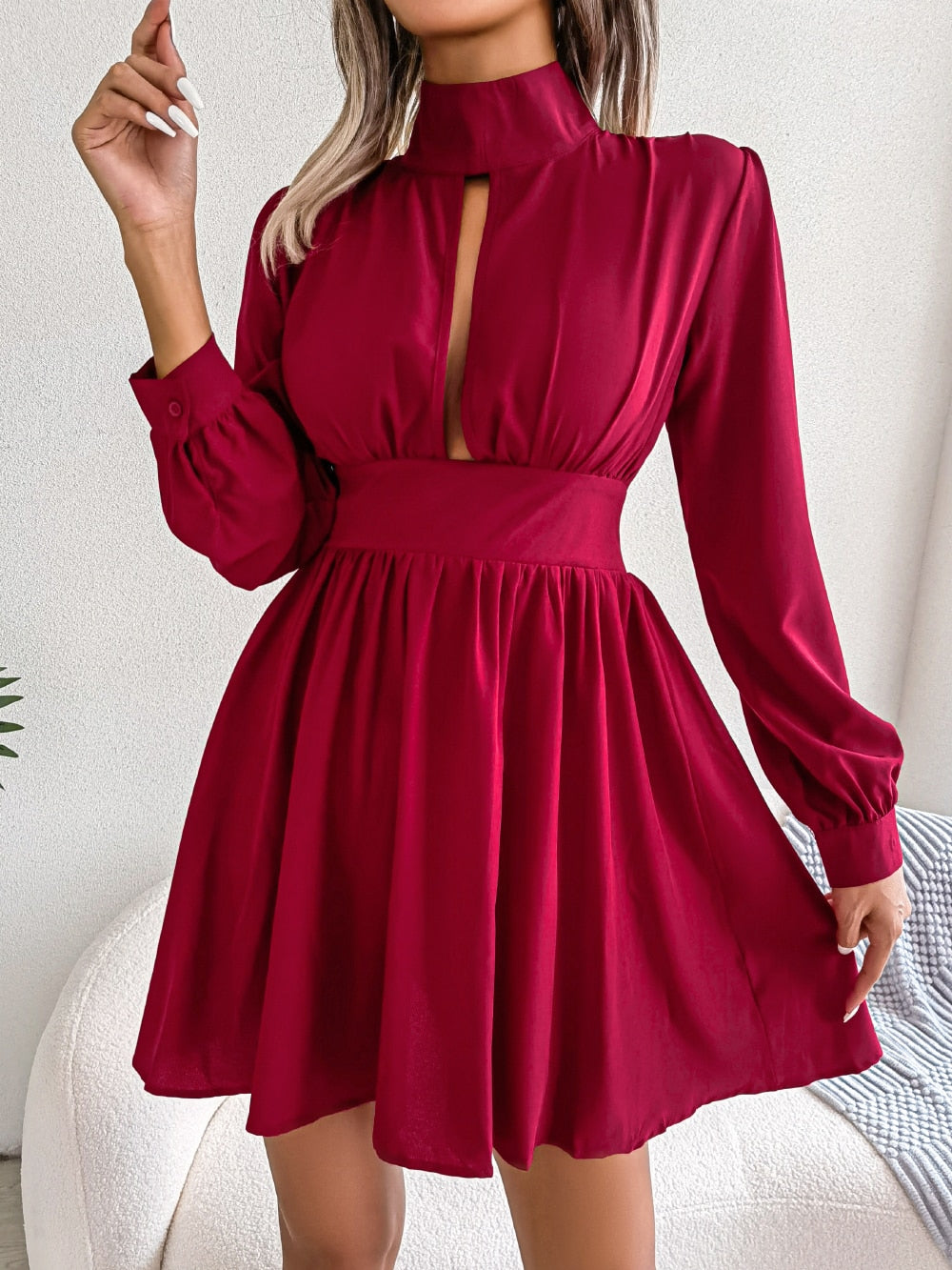 Elegant Cutout Long Sleeve A-Line Dress