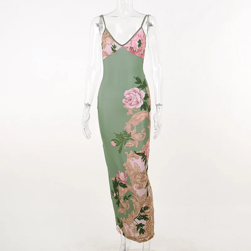 Elegant Sleeveless V-Neck Maxi Dress with Print – Summer Beach & Club Fashion