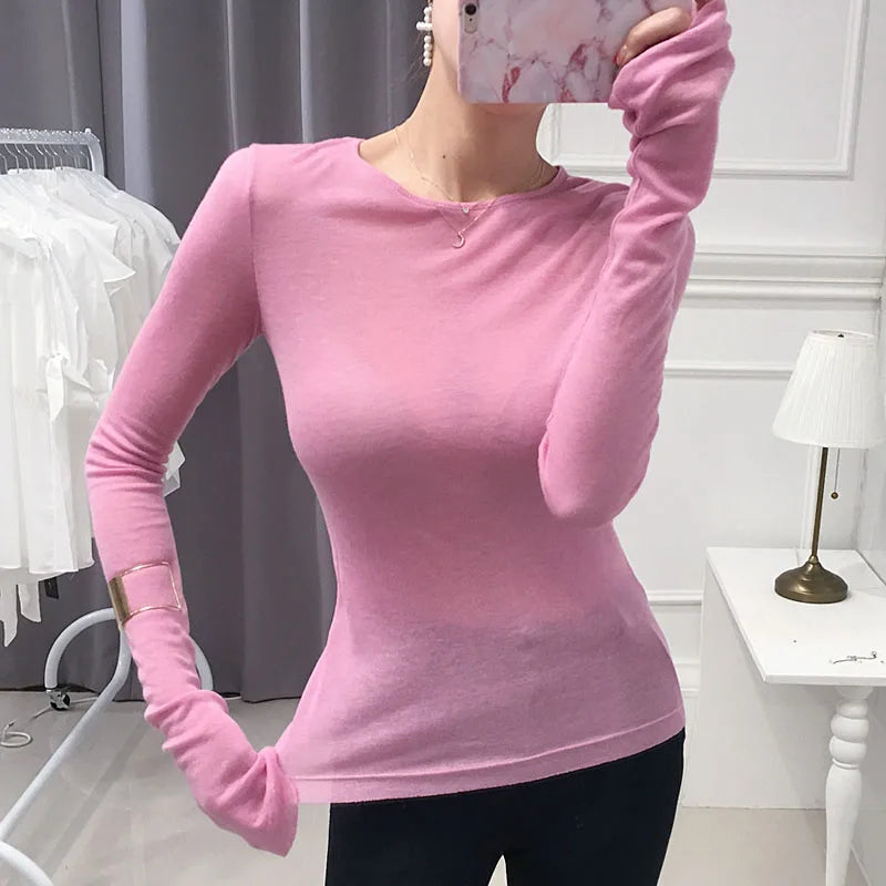 Korean Style Slim-Fit Long Sleeve T-Shirt for Women – Chic Basic Elastic Top