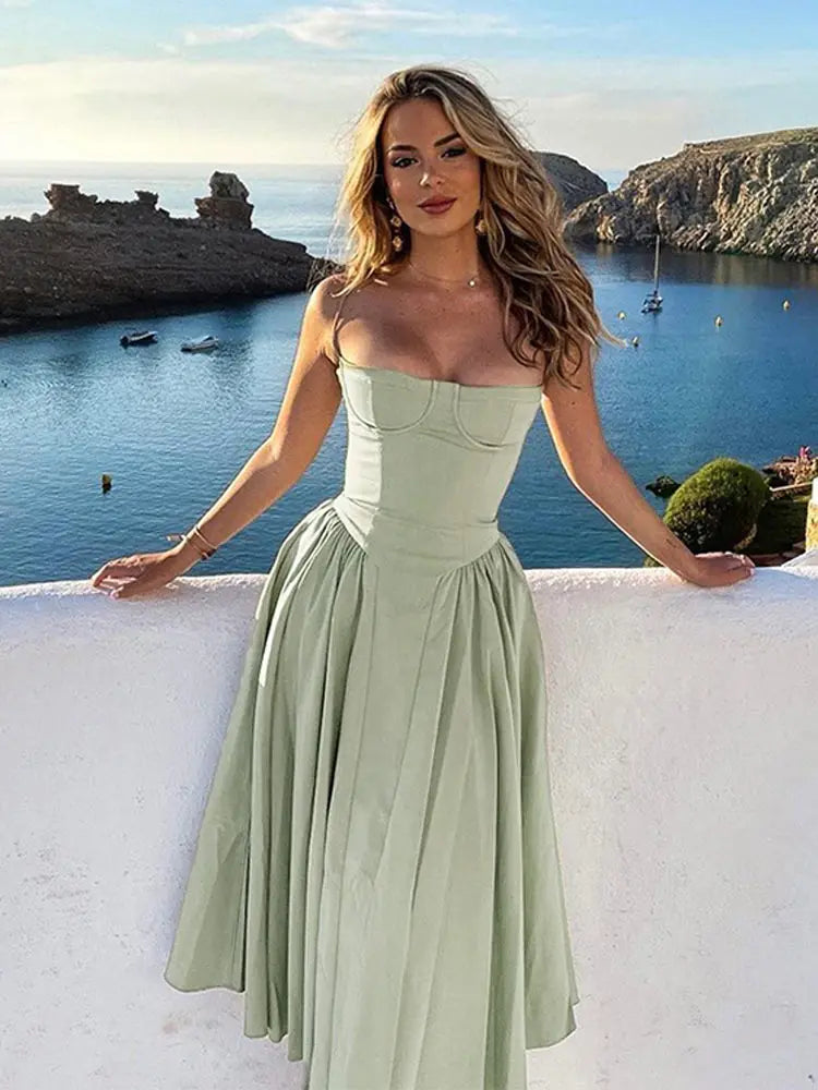 Elegant Pleated Hem Backless Midi Dress – Sleeveless Summer Party Fashion