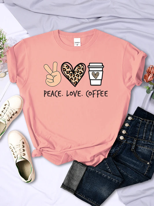 Peace Love Coffee Prints Women Tshirts Cotton High Quality T-Shirts Brand Breathable Tees Shirts Street O-Neck Tshirt For Women