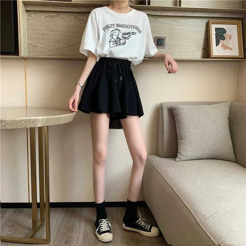 Chic Summer A-Line High Waist Shorts Skirt - Korean Style Black Loose Fit Mini Skirt