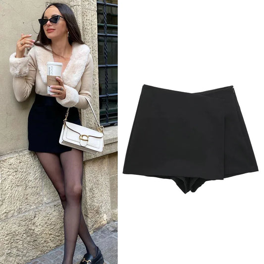 Asymmetric High-Waist Mini Skirt Shorts in Black and Pink