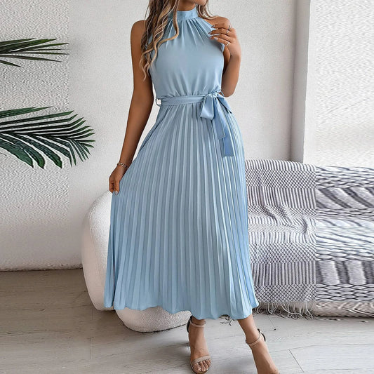 Chic Ruffled Sleeveless Chiffon Dress – Summer Pleat Detail