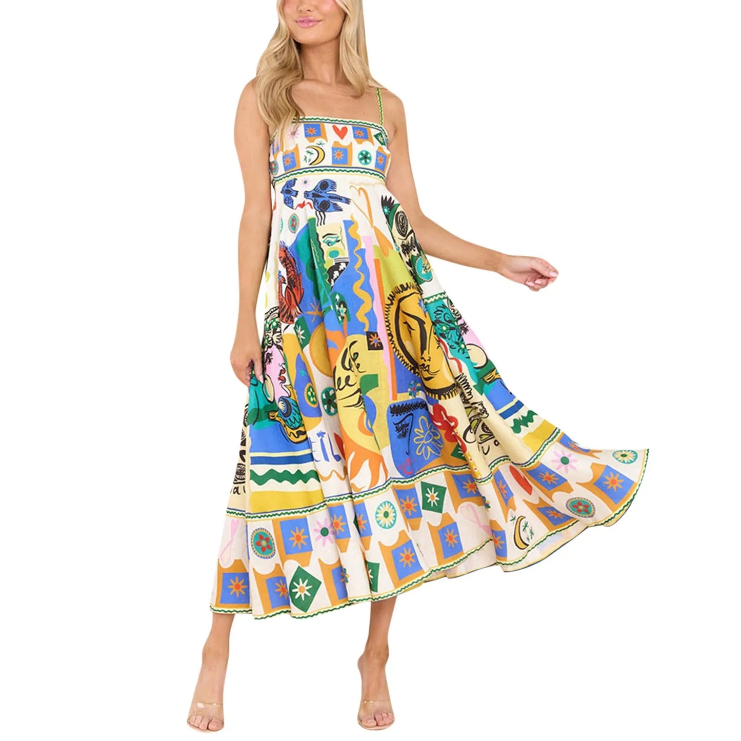 Sunny Days Colorful A-Line Sundress - Women's High Waist Backless Summer Dress