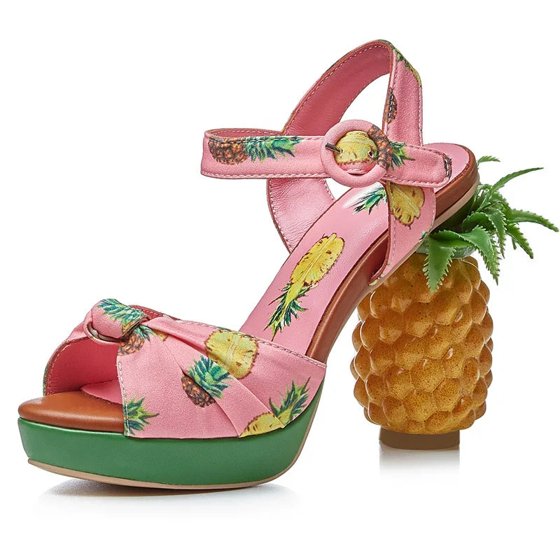 Pink Pineapple Print Strappy High-Heel Sandals - Sweet Summer Platform Shoes