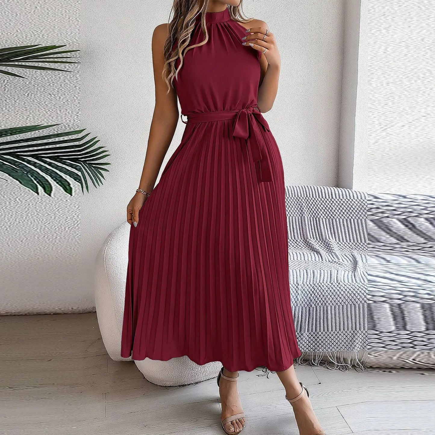 Chic Ruffled Sleeveless Chiffon Dress – Summer Pleat Detail