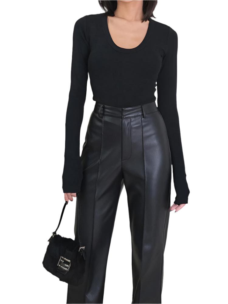 Sleek Black High-Waist Leather Trousers