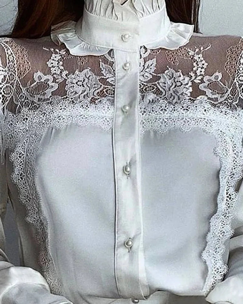 Elegant Lace-Trimmed White Lantern Sleeve Blouse