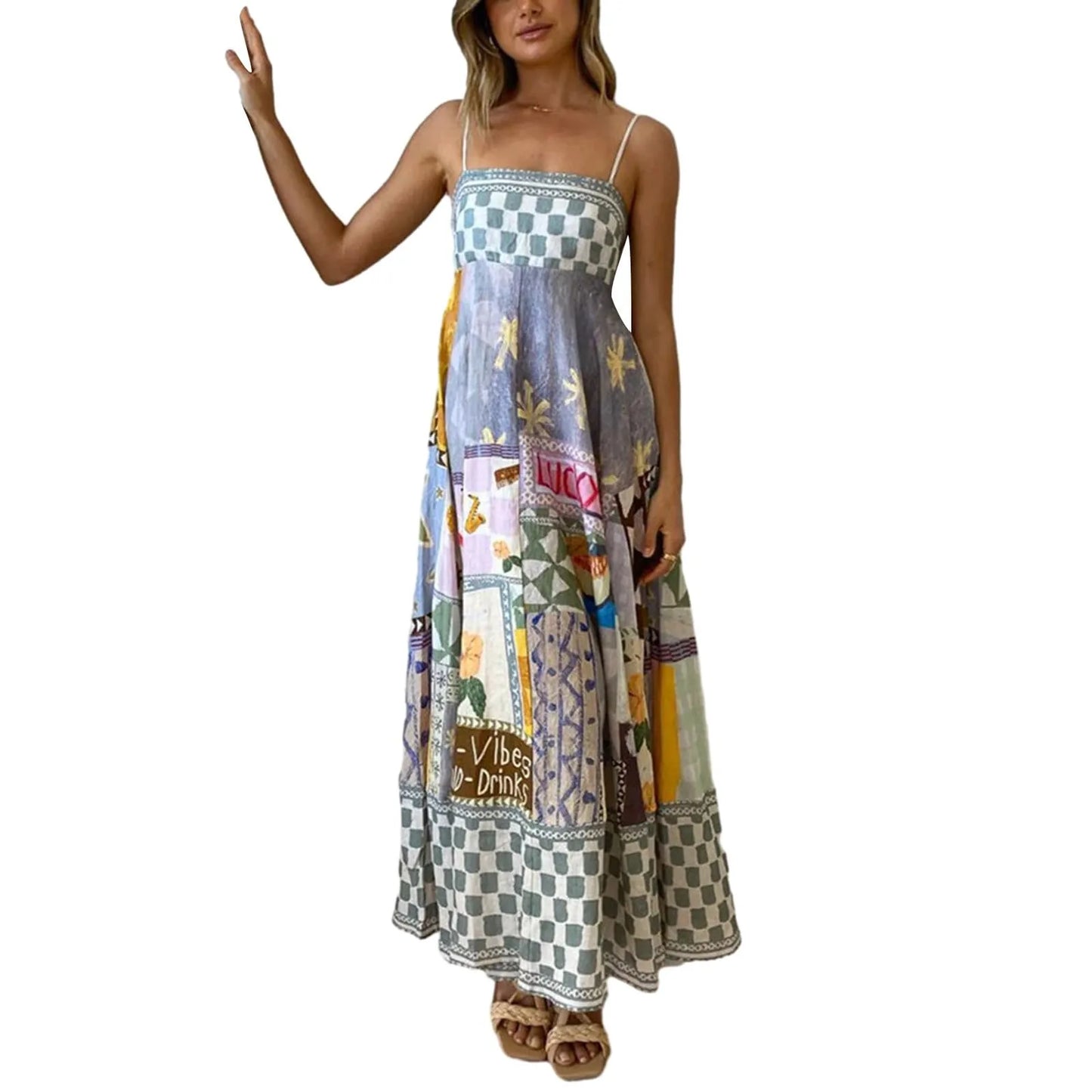 Sunny Days Colorful A-Line Sundress - Women's High Waist Backless Summer Dress