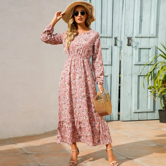 Boho Chic Floral Maxi Dress - Long Sleeve High Waist Summer Style