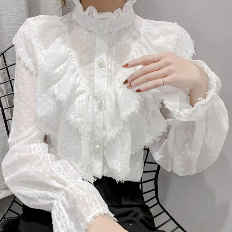 Elegant Korean Ruffle Lace Chiffon Blouse - Stand Collar Pleated Long Sleeve Top