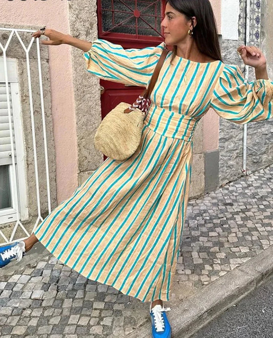 Elegant Stripe Lantern Sleeve Backless Dress