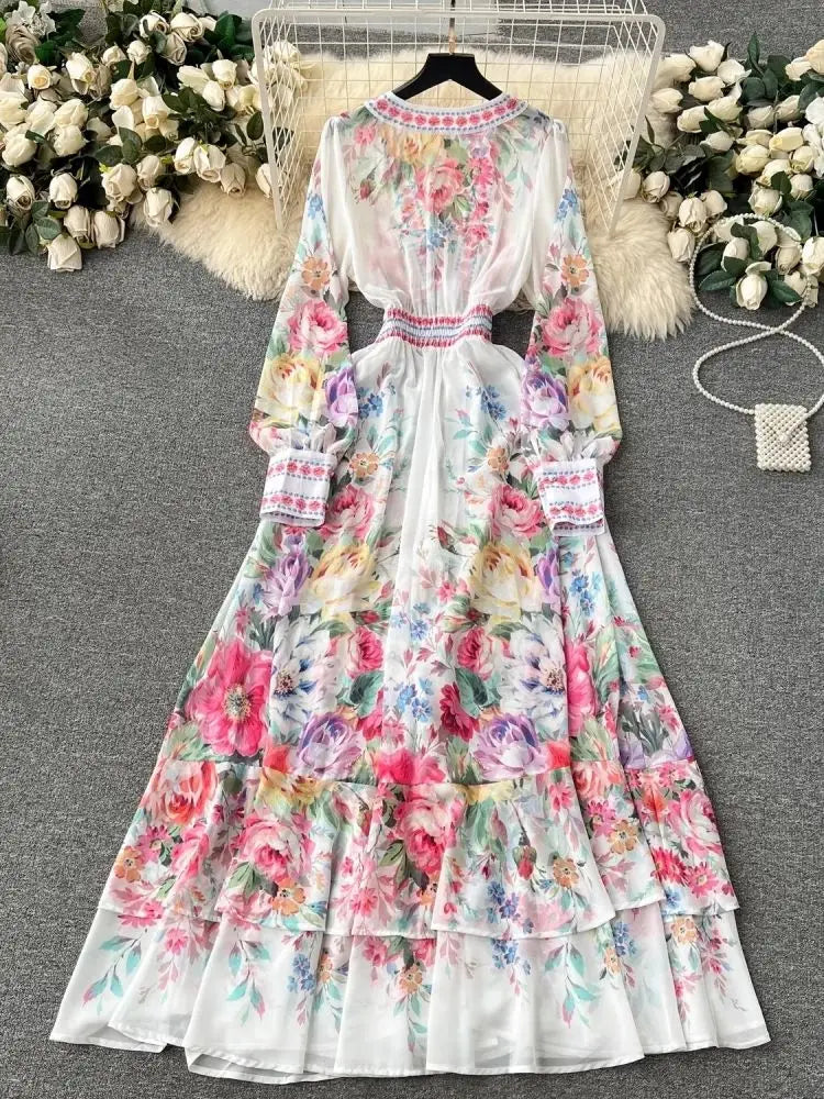 Elegant Floral Chiffon Ruffle Dress – Deep V Neck Boho Long Sleeve Gown