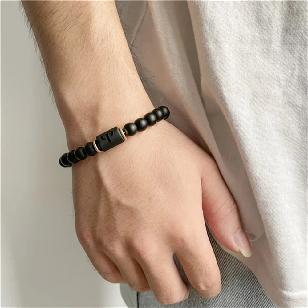 Cosmic Connection Bracelets: Matte Black Agate Beaded Wristbands for Couples