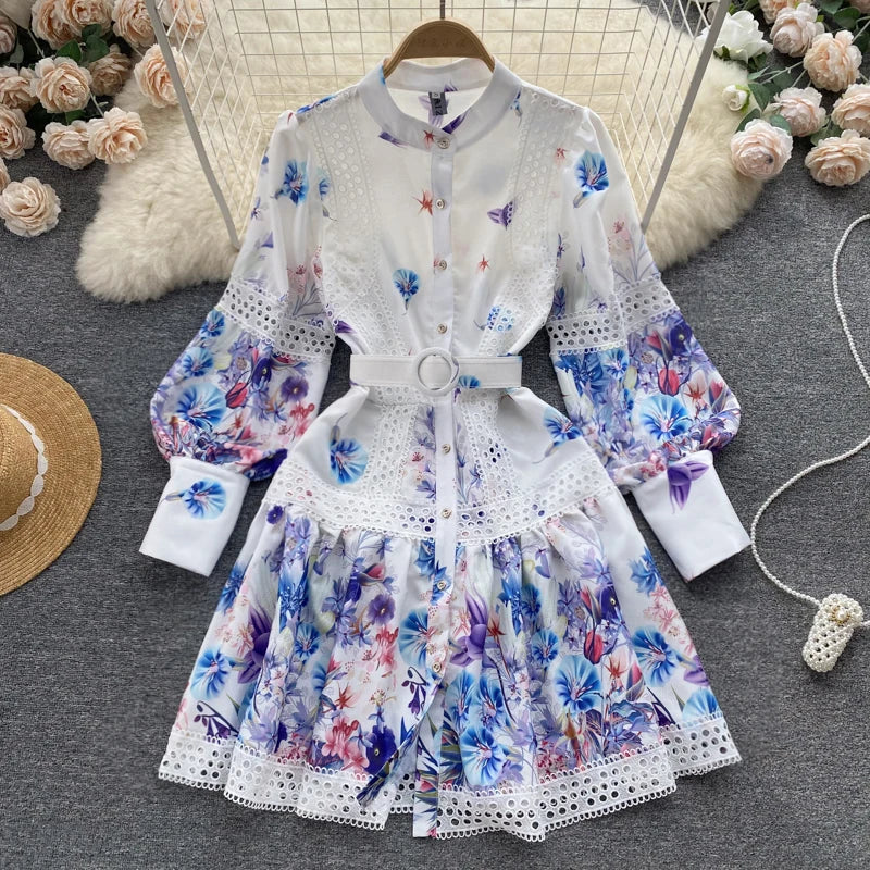 Boho Floral Lantern Sleeve Mini Dress with Lace & Sash