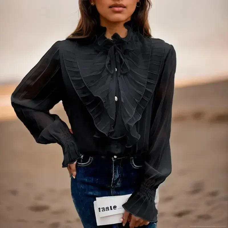 Sophisticated Ruffle Sleeve Top with Black Bow Accent