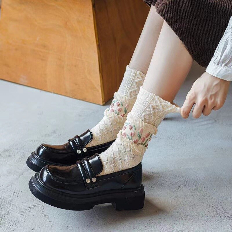 Blooming Tulip Cotton Crew Socks for Women