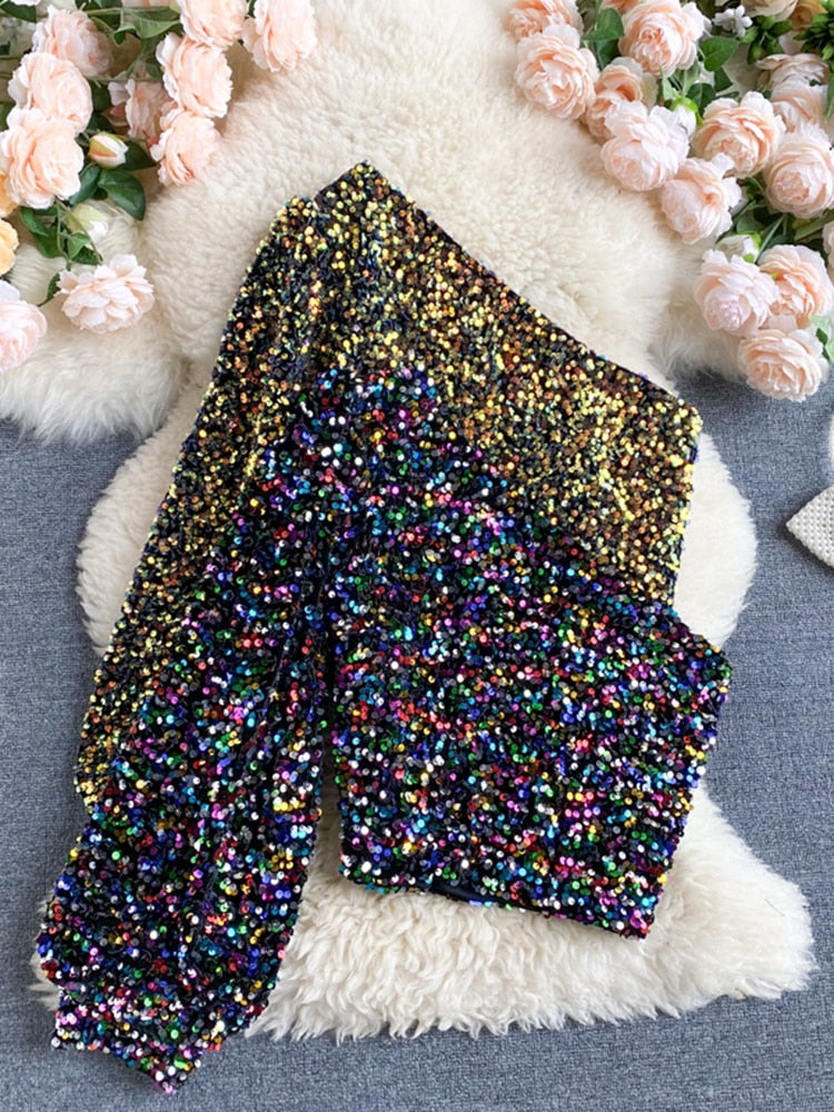 Glam Puff Sleeve Sequined Strapless Top