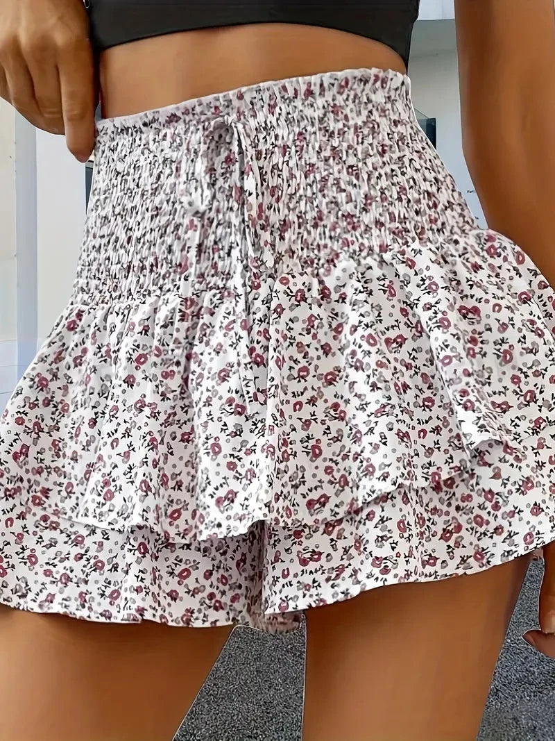 Floral Charm Layered Hem High-Waist Shorts – Casual Elegance for Spring & Summer