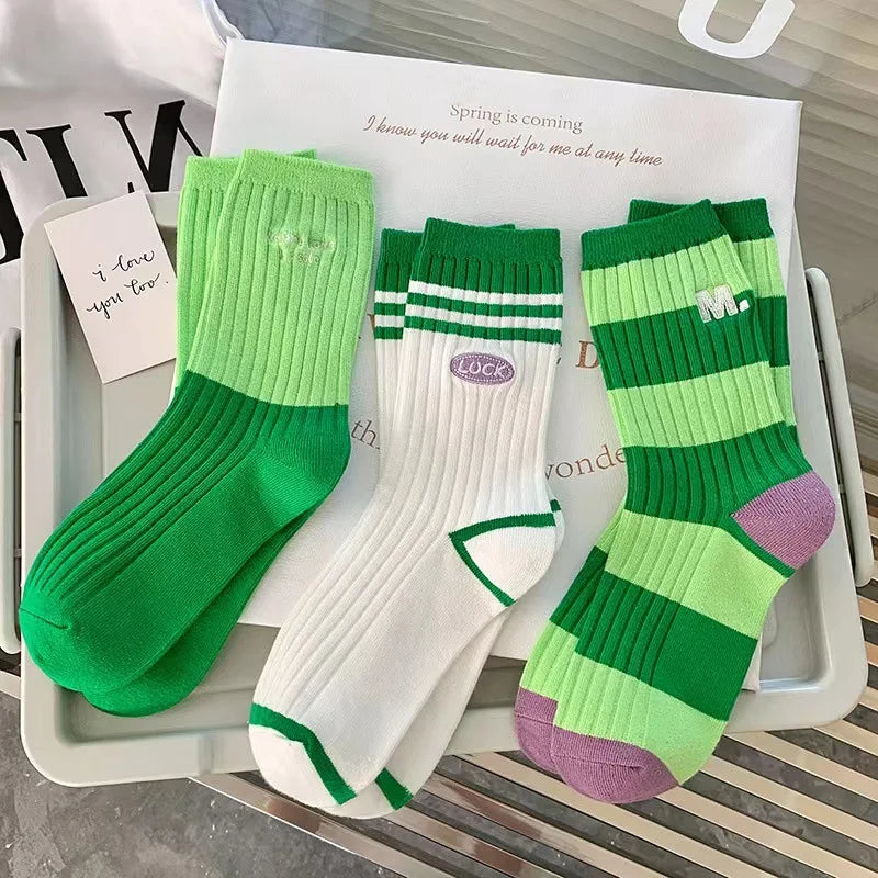 Korean-Inspired Breathable Striped Cotton Socks for Women