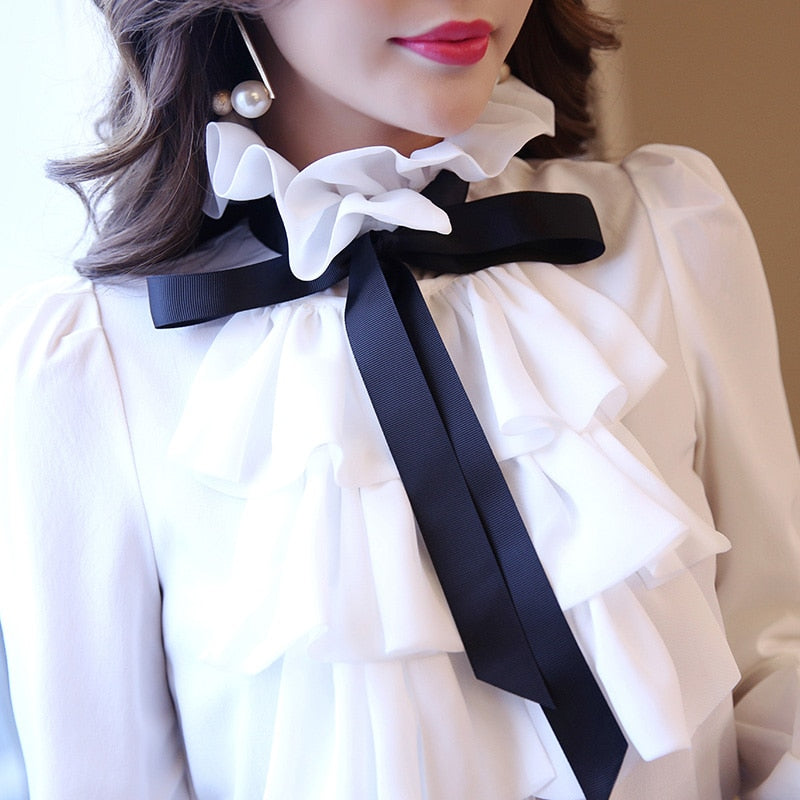 Elegant White Chiffon Ruffle Blouse with Bow Accent