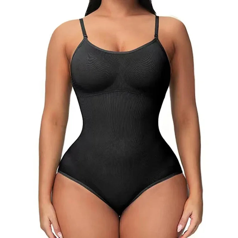 V-Neck Spaghetti Strap Slimming Bodysuit - Open Crotch Compression Shapewear