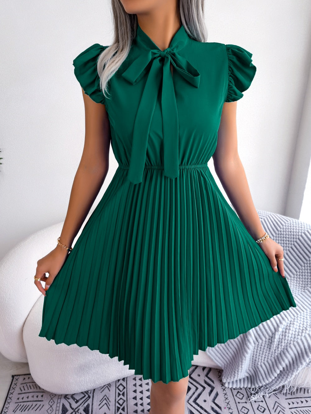 Women Elegant Bow Slim Waist Pleated Dress Summer