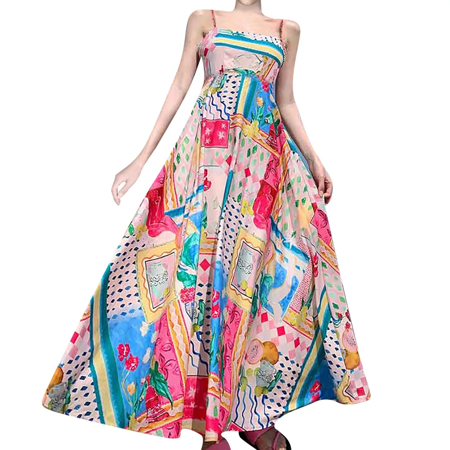 Sunny Days Colorful A-Line Sundress - Women's High Waist Backless Summer Dress