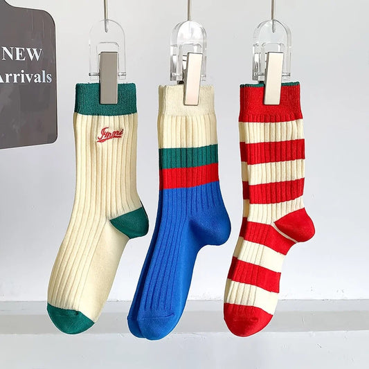 Korean-Inspired Breathable Striped Cotton Socks for Women