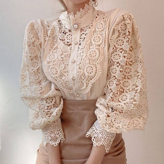 Classic White Lace Blouse with Korean Button Accents