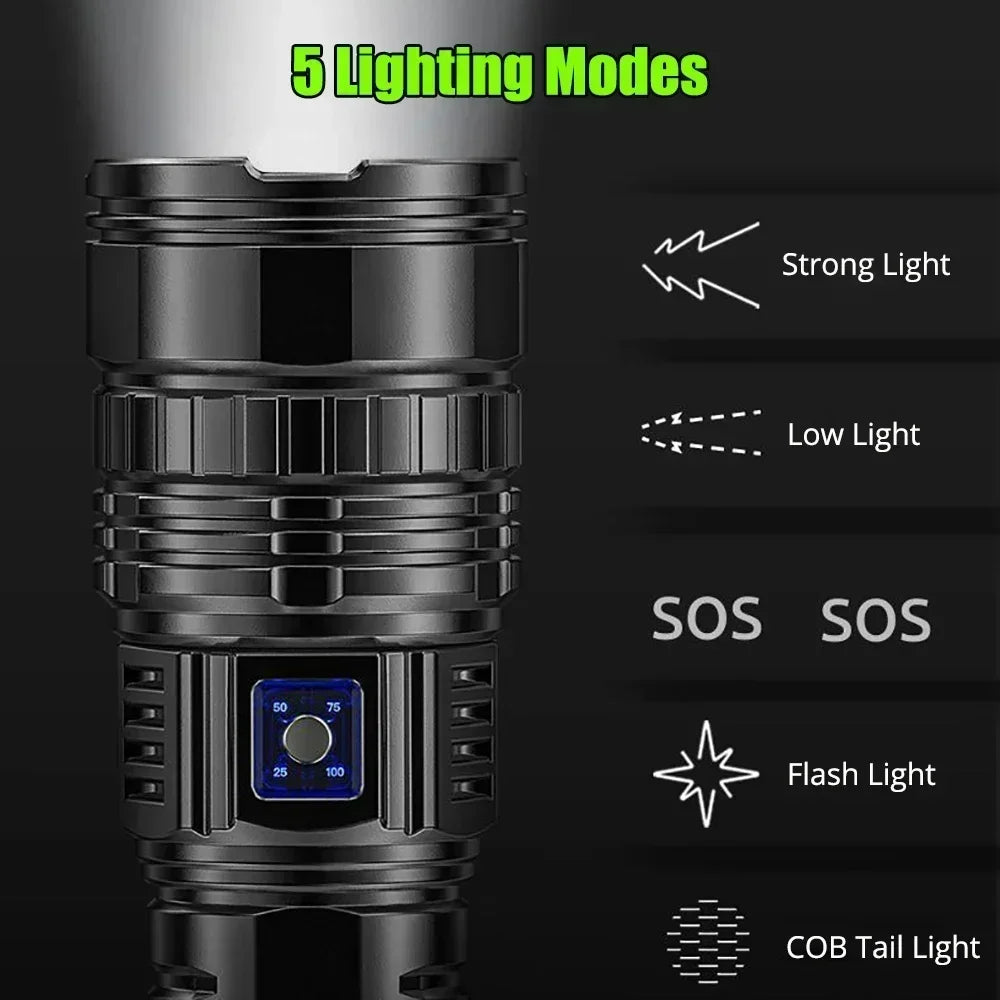 Ultra Bright Tactical LED Flashlight - 15,000mAh Rechargeable Emergency Spotlight with Tail Light