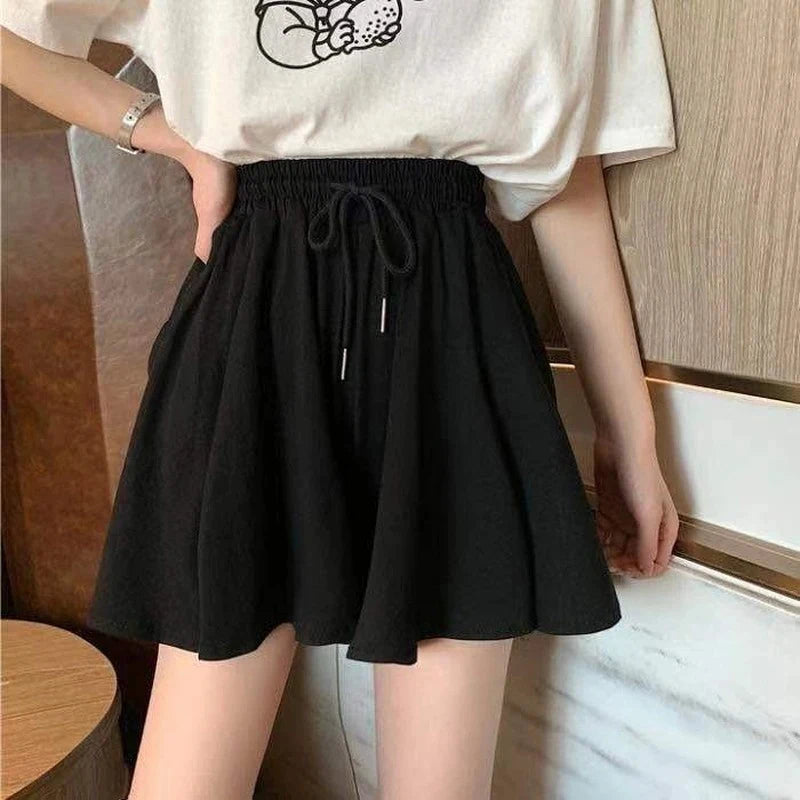 Chic Summer A-Line High Waist Shorts Skirt - Korean Style Black Loose Fit Mini Skirt