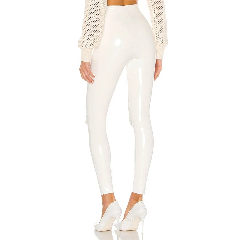 Glossy High-Waist Bodycon Pants – Shiny White PVC Stretch Leggings