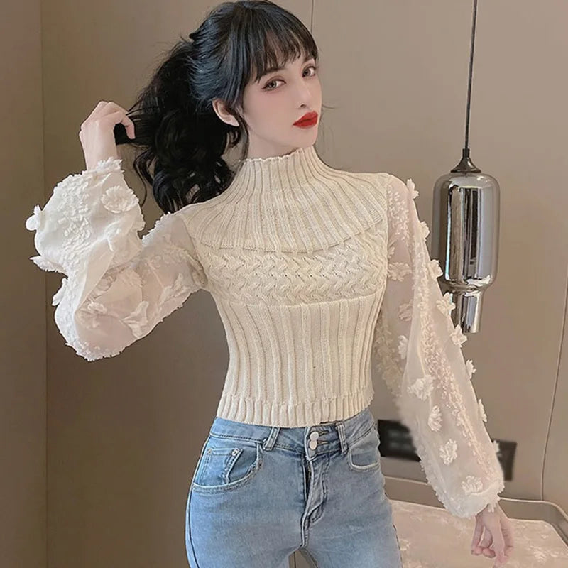 Geometric Charm Bubble Sleeve Sweater Tee - Slim Fit Women's Fashion