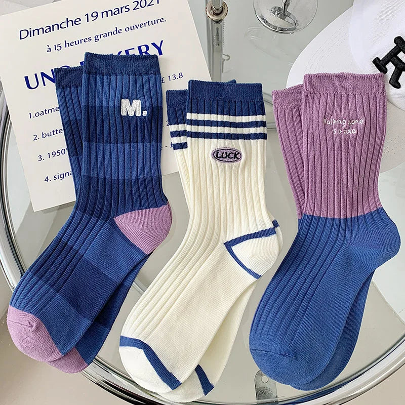 Korean-Inspired Breathable Striped Cotton Socks for Women