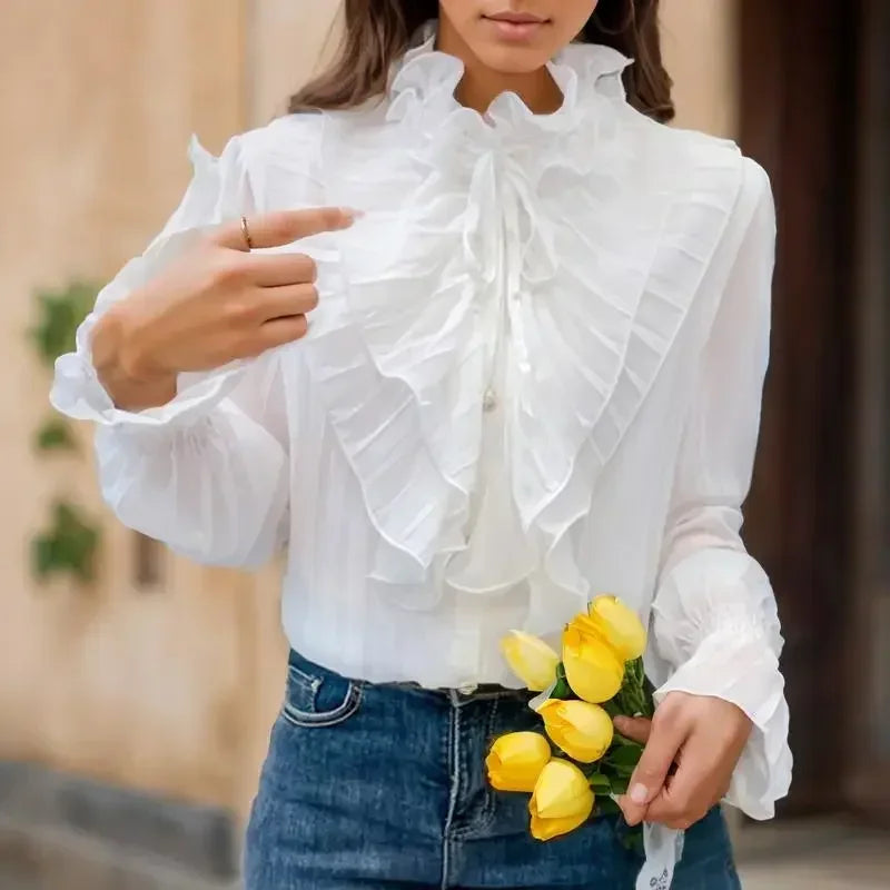 Sophisticated Ruffle Sleeve Top with Black Bow Accent