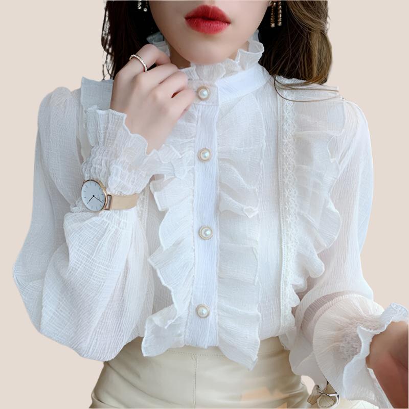 Korean Elegance Lace Ruffle Chiffon Blouse