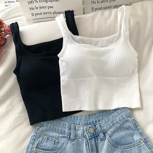 Seamless Striped Square Neck Crop Top with Wide Straps