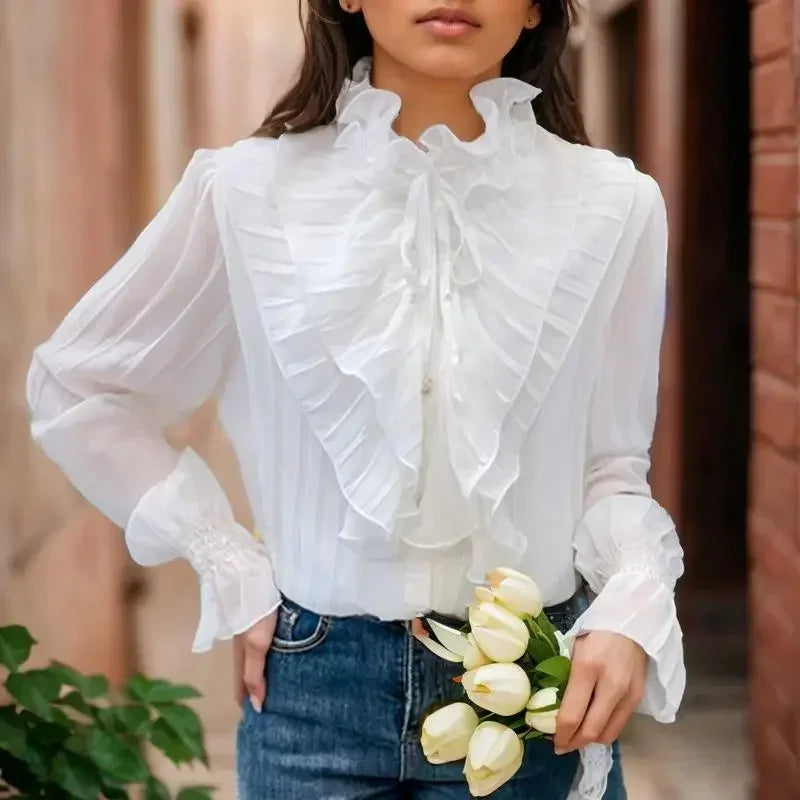 Sophisticated Ruffle Sleeve Top with Black Bow Accent