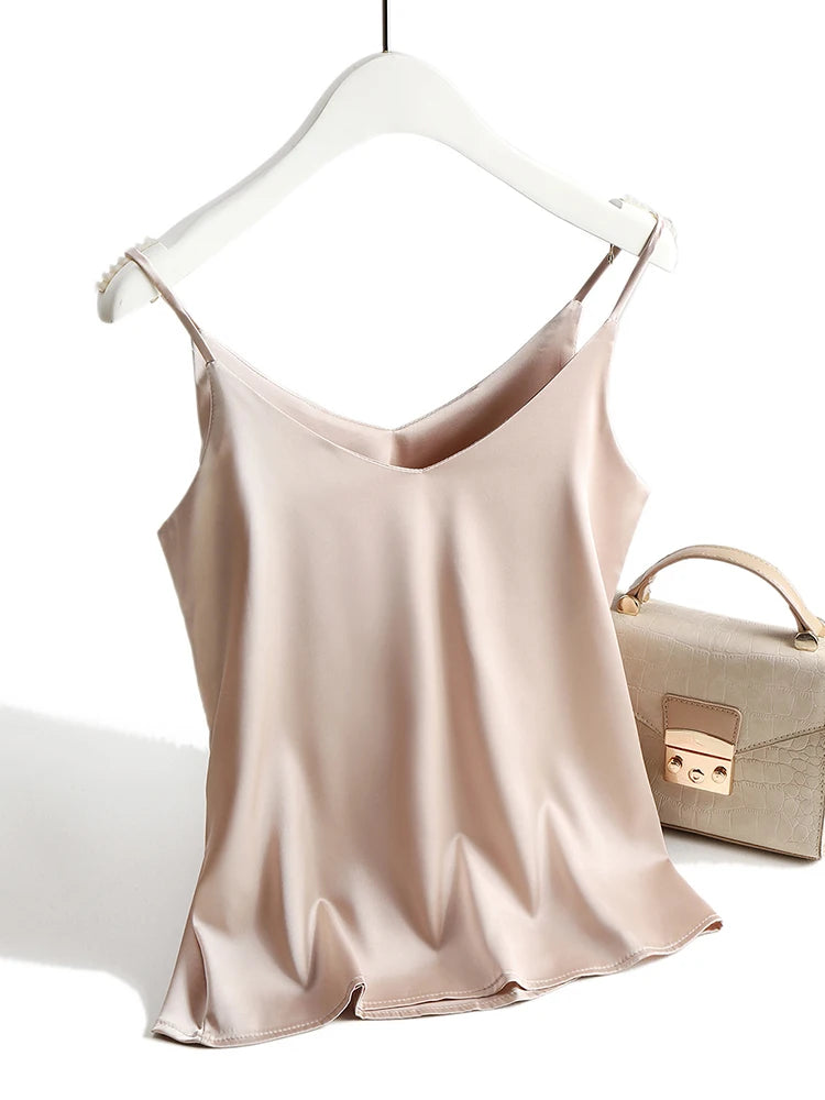 Elegant Satin Spaghetti Strap Halter V-Neck Camisole - Women's Summer Sleeveless Silk Tank Top