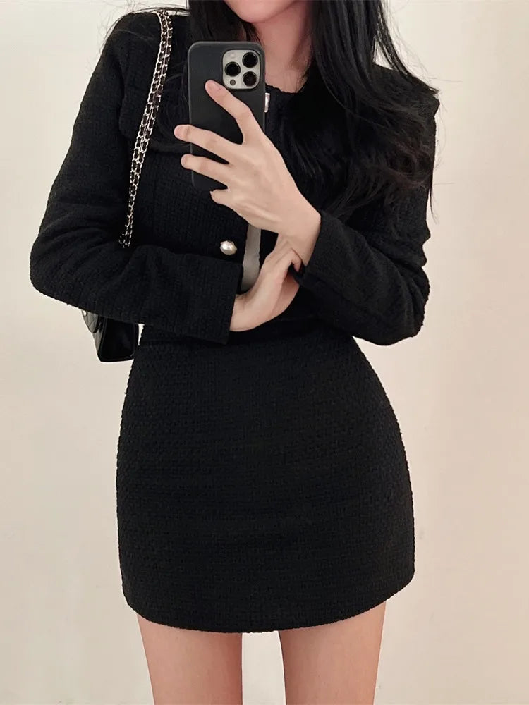 Vintage Tweed Two-Piece Set: Long Sleeve Jacket & A-Line Mini Skirt - Chic Korean Fall Fashion