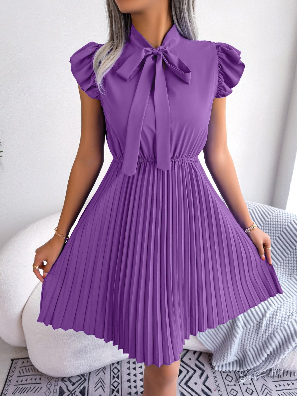 Women Elegant Bow Slim Waist Pleated Dress Summer