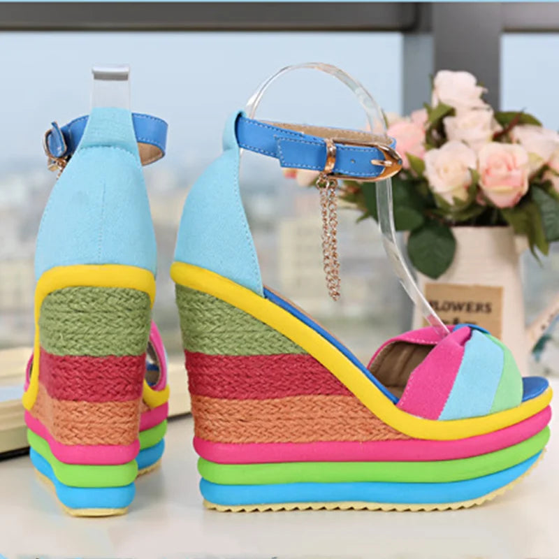 Summer Chic Rainbow Wedge Sandals with Bow and Ankle Strap